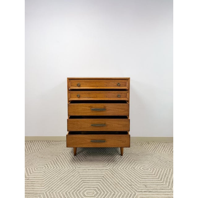 Brown Vintage Heritage Tallboy Dresser Brutalist Brass Pulls Mid-Century Modern For Sale - Image 8 of 12