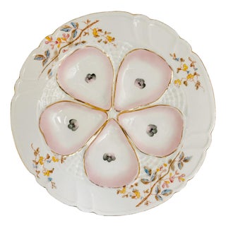 Late 19th Century Antique German Porcelain Oyster Plate Hand-Painted Pink & Gold Floral For Sale