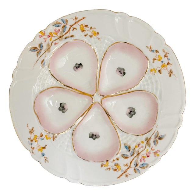 Late 19th Century Antique German Porcelain Oyster Plate Hand-Painted Pink & Gold Floral For Sale