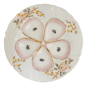 Late 19th Century Antique German Porcelain Oyster Plate Hand-Painted Pink & Gold Floral