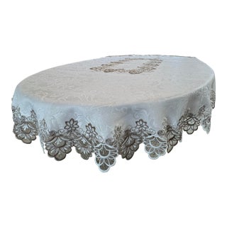 Vintage LinenTablecloth, Embroidered Applique Lace, Cream and Taupe. On Ivory 18" X 55.5" Pristine For Sale
