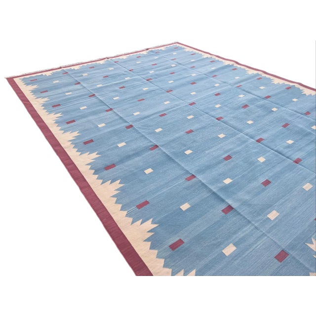 Mid-Century Modern Handmade Cotton Star Pattern Rug, Sky Blue, Raspberry Pink and Cream 8'x10' For Sale - Image 3 of 8