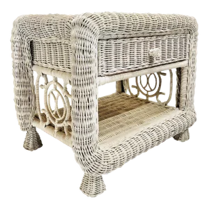 Vintage Hollywood Regency Style Woven Wicker Bedside Table