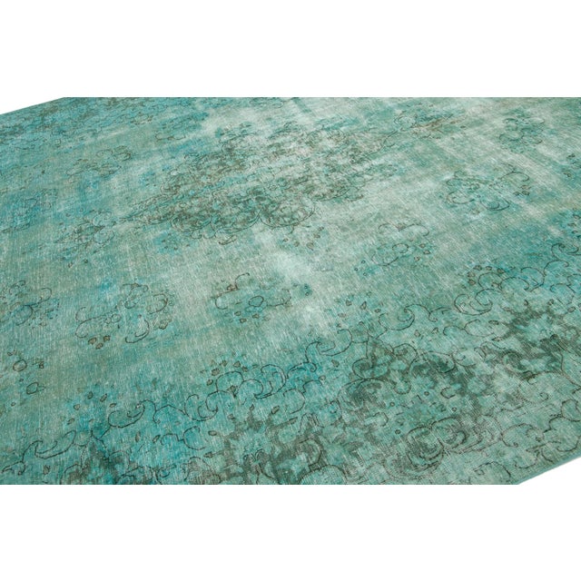 Green Room Size Antique Overdyed Persian Wool Rug With Medallion Design in Light Green For Sale - Image 8 of 10