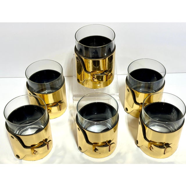 Late 20th Century 6 Italian Gold-Plated Leather Horsebit Old Fashioned Glasses, Style of Gucci For Sale - Image 13 of 14