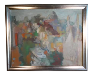 Mid 20th Century Post-Impressionist View of Russian Hill and St Peter and Paul Church in North Beach Oil on Canvas Painting, Framed