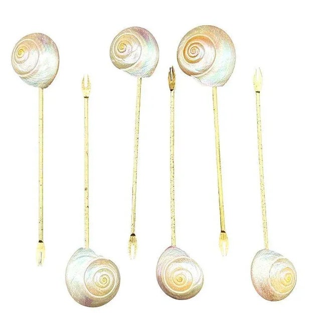 Vintage Set of Six Mother of Pearl and Gold Appetizer/Fondue Forks. Set of six vintage appetizer forks, likely from the...