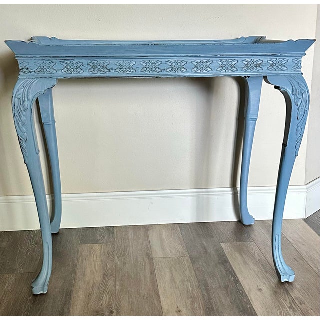 Blue Antique Early 20th Century Blue French Country Carved Wood Rustic Console/Accent Table For Sale - Image 8 of 12