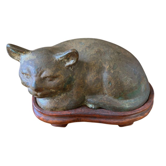 Old Bronze Chinoiserie Han Style Recumbent Kitten Sculpture on Wood Stand For Sale - Image 4 of 8
