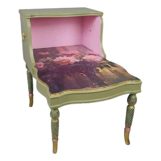 Whimsical Cottage Revival Artichoke Green & Peony Tiered Side Table For Sale