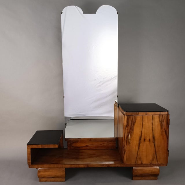Vintage Art Deco asymmetrical wooden dressing table with mirror and black glass shelves, designed in the 1940s. Walnut...