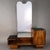 Vintage Art Deco asymmetrical wooden dressing table with mirror and black glass shelves, designed in the 1940s. Walnut...