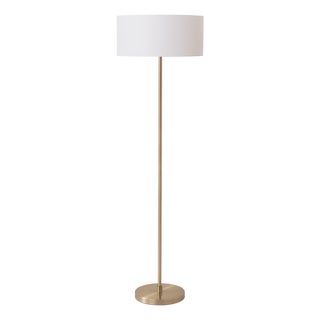 Nova of California Slimline Floor Lamp With White Linen Drum Shade - Weathered Brass Pole With Black Marble Base - 18 Inch Drum, 61 Inch Tall For Sale