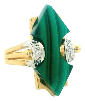 1980s Italian Modernist 14k Gold Malachite & Diamond Statement Ring, Signed Tj, Size 6.75