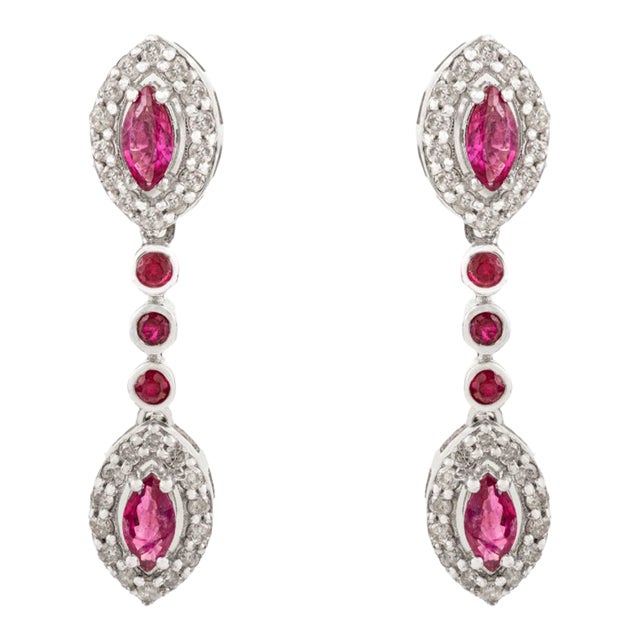 One-of-a-Kind Design 925 Silver Natural Ruby Diamond Dangle Earrings- A Pair For Sale