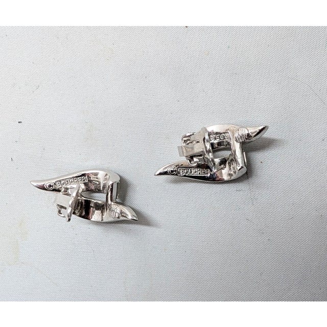 Vintage 1950s Signed Boucher Rhodium Plated Baguette & Round Clear Rhinestone Clip Earrings-2 Pieces For Sale - Image 9 of 10