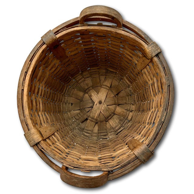 Large Size Substantially Made Antique American Hand Woven Ash Wood Splint Maine Apple Farm Basket For Sale In Boston - Image 6 of 18