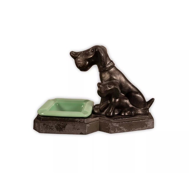 Art Deco Art Deco Sitting Dogs Figurine Metal Sculpture with Vintage Jadeite Bowl 1930sv For Sale - Image 3 of 8