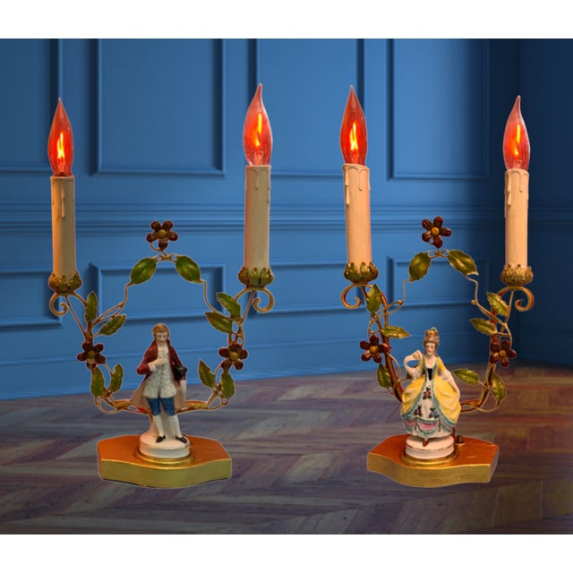 Antique Tole Candelabra Table Lamp: Courting Lady & Gentleman For Sale - Image 9 of 12