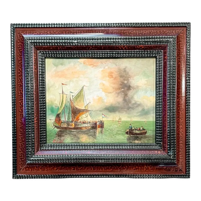 Framed Antique Oil Painting; Nautical Scene With Dutch Flag For Sale