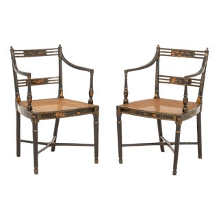Japonisme Painted & Ebonized Armchairs, Near Pair For Sale