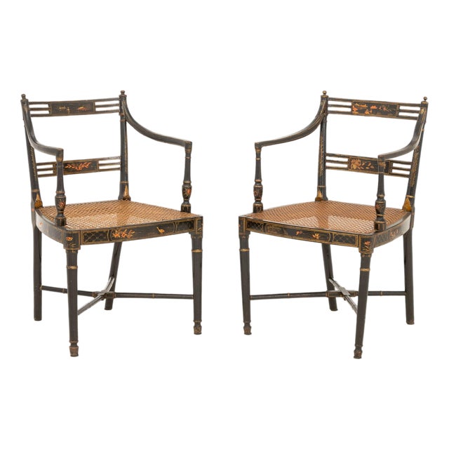 Japonisme Painted & Ebonized Armchairs, Near Pair For Sale