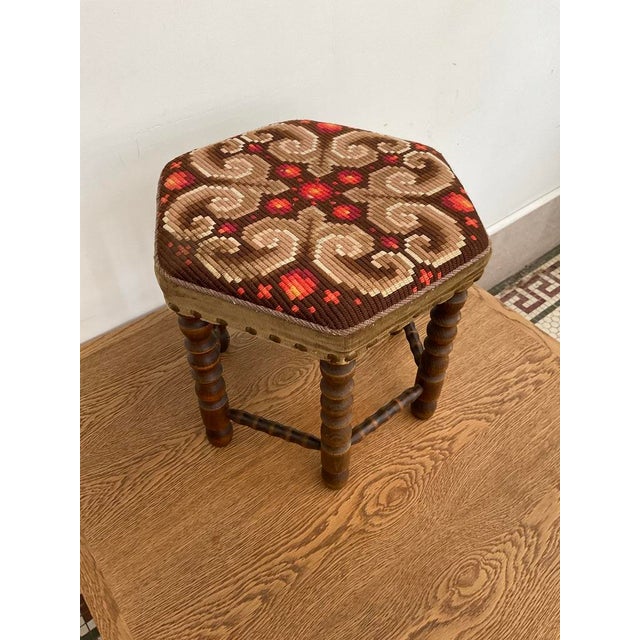 Mid 20th Century Vintage Mid-Century Walnut Footstool With Geometric Needlepoint Tapestry For Sale - Image 5 of 11