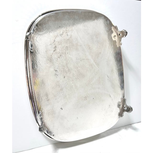 Antique Silverplate Gallery Tray – Engraved Serving Tray With Cast Feet, c.1900 Bar Cart Entertaining For Sale - Image 12 of 12