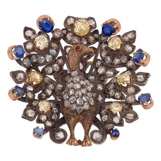 19th Century Victorian Old Cut Diamond Sapphire Iron Silver Peacock Brooch For Sale