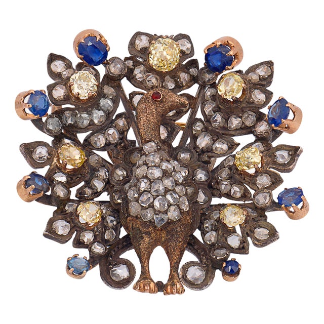 19th Century Victorian Old Cut Diamond Sapphire Iron Silver Peacock Brooch For Sale