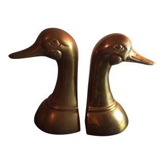 1980s Solid Brass Duck Face Bookends Set of 2 For Sale