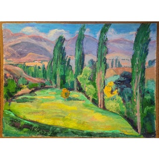 Jean Perret, Fauvist French Landscape with Cypress Trees, 1950s, Oil on Fiberboard For Sale