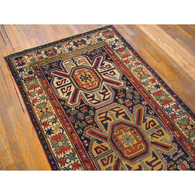 Tribal 1880s Blue Navy Geometric Tribal Antique Caucasian Rug 4' 3" X 9' 0" Handknotted Wool Carpet For Sale - Image 3 of 6