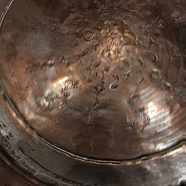 Vintage Egytian Hammered Sculptured Copper Platter/ Bowl With French Fluer- De- Lis and Bee Symbol For Sale - Image 13 of 18
