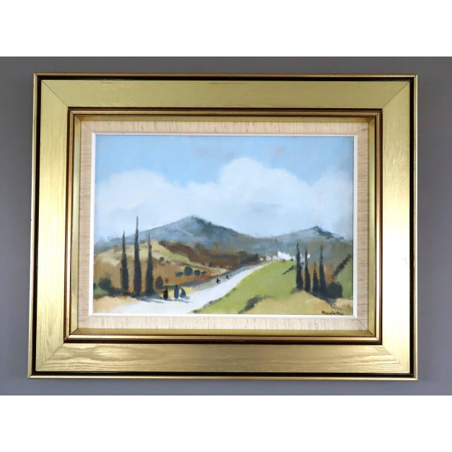 ROAD THROUGH SOFT HILLS Size: 18.1 x 22.8 inches (including frame) Oil on canvas A calm and atmospheric mid-century...