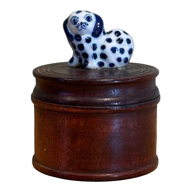 Late 20th Century Thai Turned Wood Trinket Box With Blue & White Ceramic Dog Finial For Sale