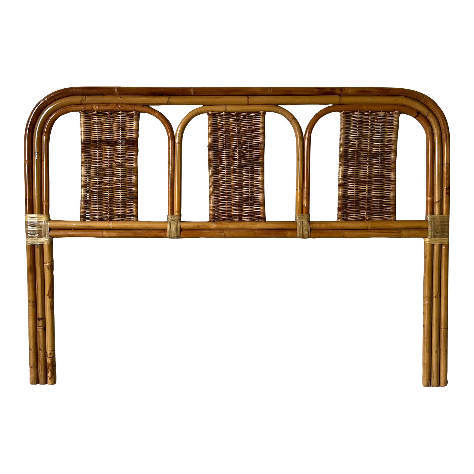 Vintage Organic Coastal Style Bamboo and Rattan Queen Headboard Chairish