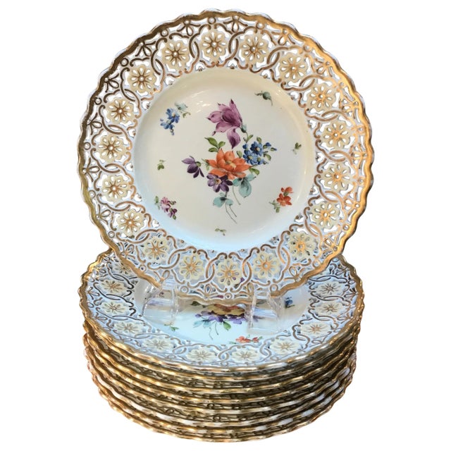 1920s Hand-Painted & Reticulated Accent Plates- Set of 9 For Sale - Image 10 of 10