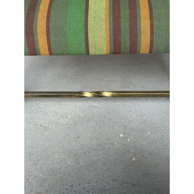 Hand-Forged Spanish Style Gilt Iron Bench With Striped Cotton Linen Seat For Sale - Image 11 of 14