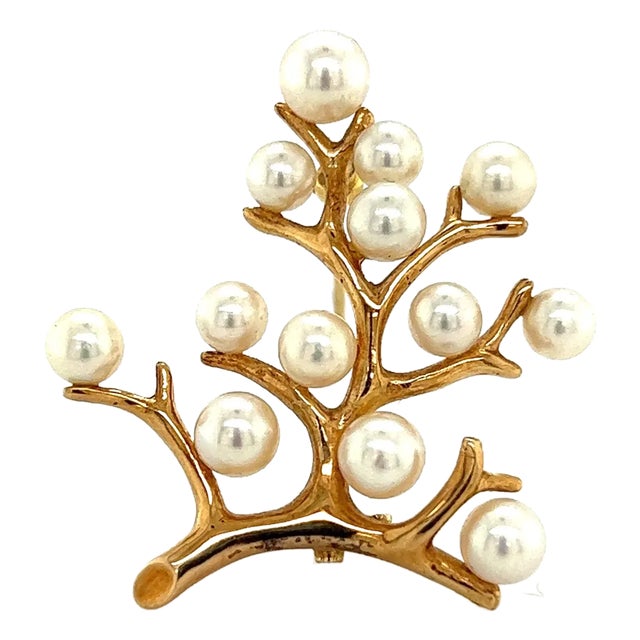 1990s Mikimoto Estate Akoya Pearl Tree of Life Brooch 14k Gold For Sale