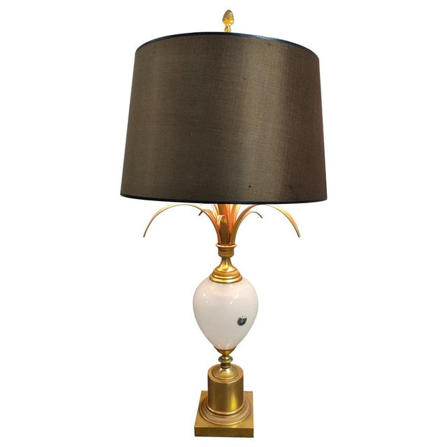 Brass and Opaline Pineapple Leaf Table Lamp, 1960s For Sale - Image 12 of 12