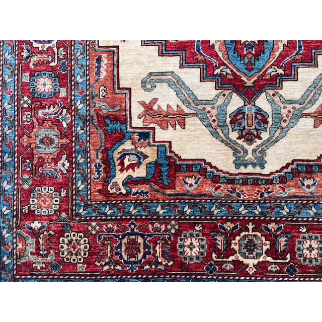 Traditional Antique Style Persian Serapi Handmade Light Blue, Ivory & Rusty Red Rug For Sale - Image 3 of 12