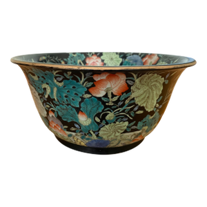 Large Early 20th Century Chinese Famille Noir Porcelain Bowl With Chinese Wooden Display Stand