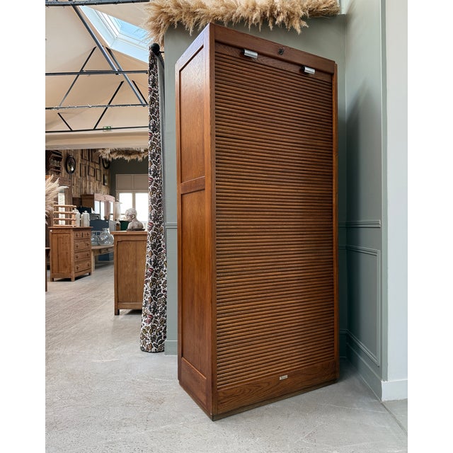 Mid-Century Modern Large Oak Roll-Top Filing Cabinet by Lacour, 1950s For Sale - Image 3 of 14
