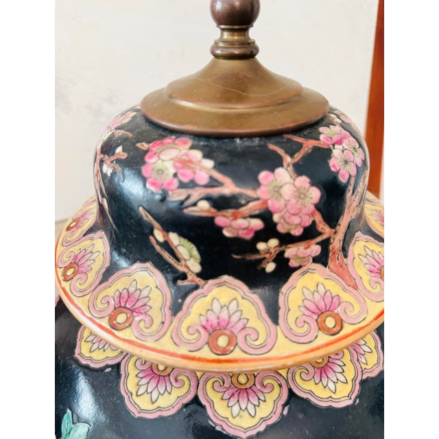 Vintage Chinese Famille Noire with Floral Birds Ginger Jar Table Lamps - Pair For Sale - Image 9 of 12