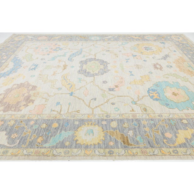 Contemporary Pastel Oushak Style Hand-Knotted Wool Rug – Soft Neutral & Blue For Sale - Image 4 of 12