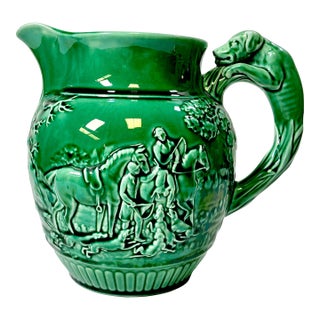 1930s Vintage Boho Chic English Rustic European Wedgwood Majolica Hunting Motif Pitcher For Sale