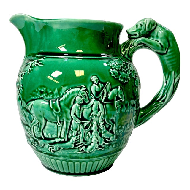 1930s Vintage Boho Chic English Rustic European Wedgwood Majolica Hunting Motif Pitcher For Sale