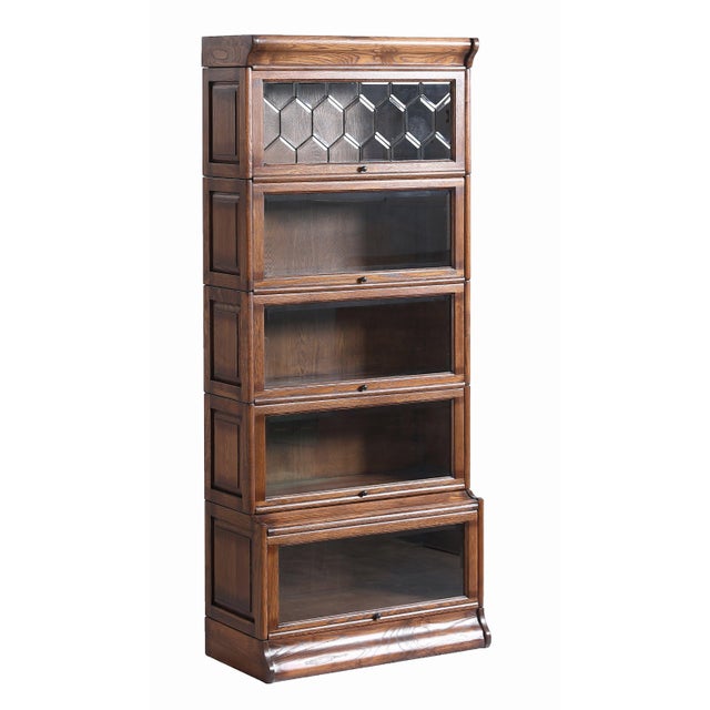 Mission Style Oak Barrister Bookcase 5 Stack-Leaded Glass in Micheals Cherry For Sale - Image 9 of 18