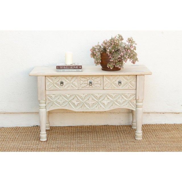 Indian Reclaimed Wood Whitewash Carved Nahuala Console For Sale - Image 3 of 14